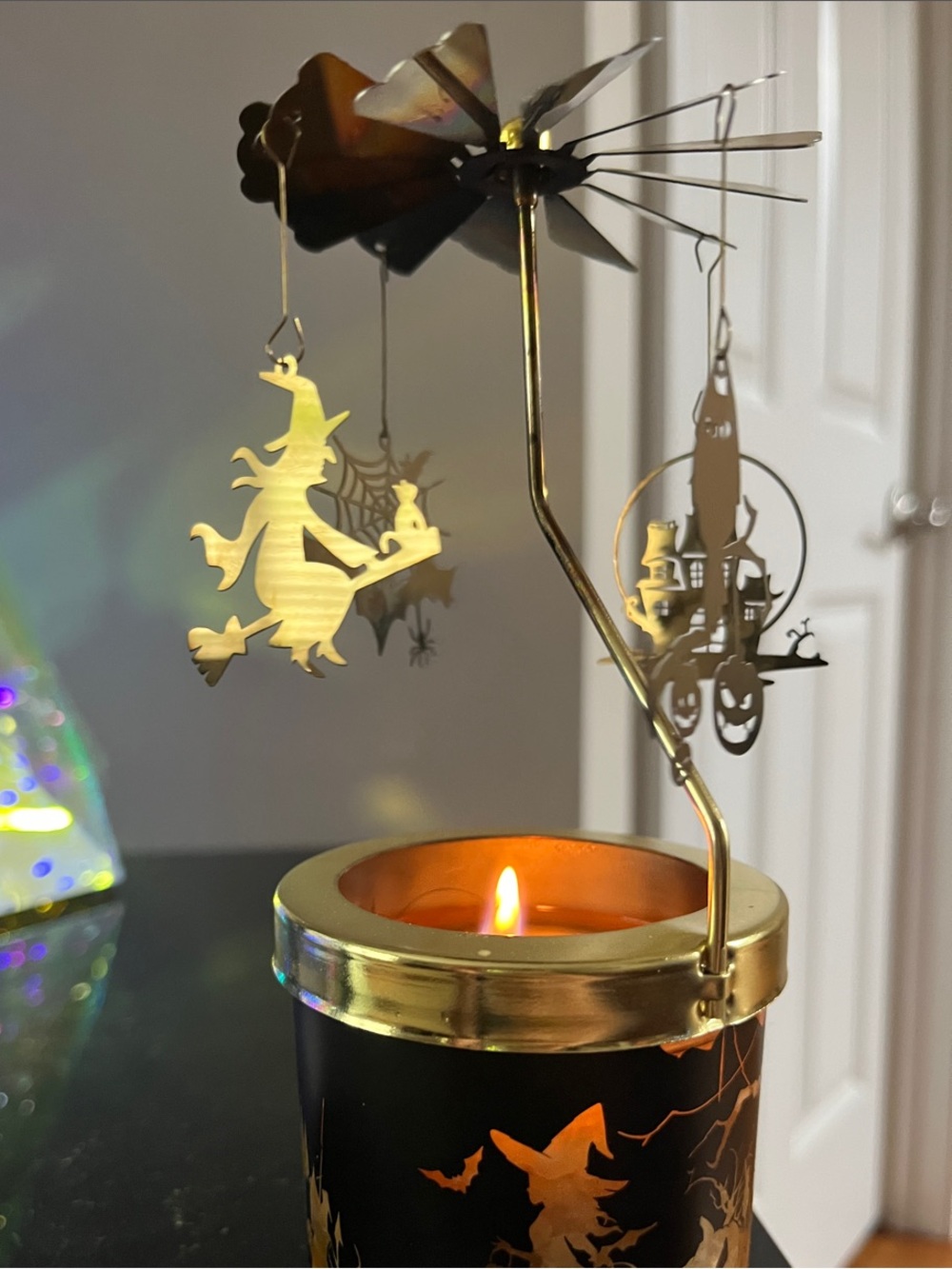 Gold Halloween Carousel Candle Holder - Witch Silhouette